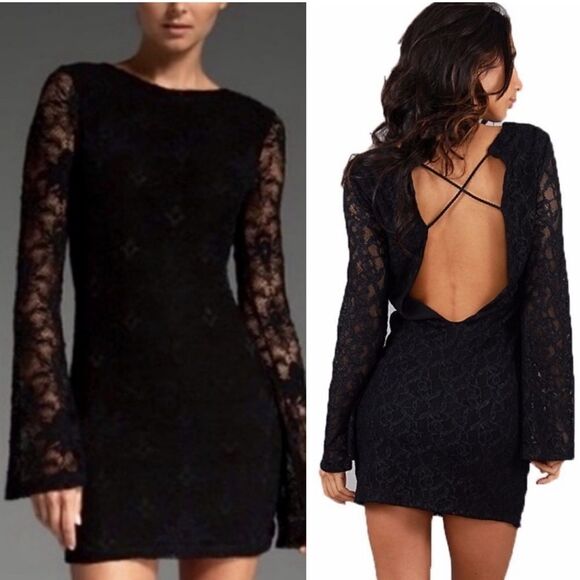 Nightcap Clothing Black Lace BodyCon Open Back Bellesleeve Mini medium - Picture 1 of 16